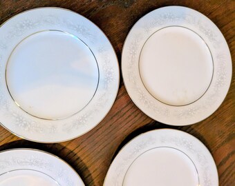 Vintage 1970's Noritake (4pc) Saucer- Plates 6.25" White with Delicate Raised Floral Design with Silver Trim. Wall Hanging or Replacement