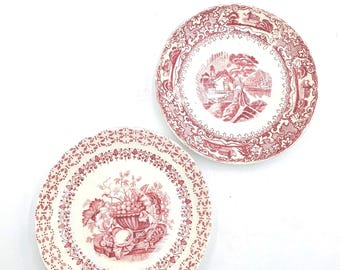 Two Small Vintage England Pink/Red Transferware 4.5" Small Plates/ Saucers/ Empire England Porcelain