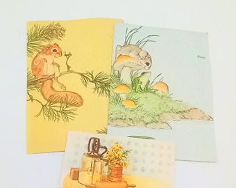 Vintage 1980's Note Card Current Critters. Squirrel, Mouse and Mushrooms. (3pc.) Recipe Paper Crad Kitchen Scene, Rolling Pin.
