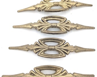 Vintage ( Set of Four) Art Deco Large Ornate 7.25" Drawer Handles. Brass Goldtone Metal.