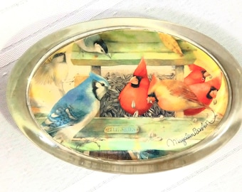Paperweight Hallmark Glass Oval Blue Jay And Birds Circa 1990