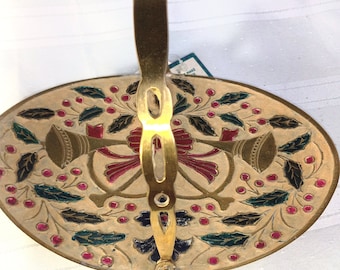 Vintage Penco Brass Enamel Holiday Cloisonné Adjustable Handled Tray made in India