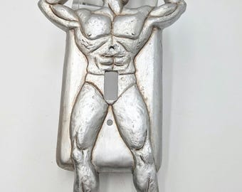 Vintage Sculpted Resin / Hard Plastic Muscle Man - Body Builder 9.25" Light Switch Cover. Unique. Artist Home Decor/ Brides Gift