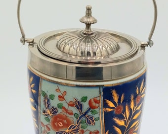 Vintage Ceramic biscuit jar Chinese metal lid handle floral gold details