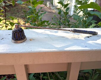 Vintage Inlayed Cobolt Blue Bejeweled 10.5" Metal Candle Snuffer. Bell Shaped Snuffer.