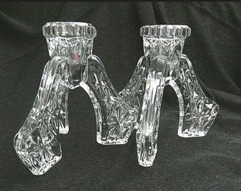 Candle Holders Libochovice 1930's Glass Works Czechoslovakian 3 Legged Set of Two Art Deco/ Geometric Design