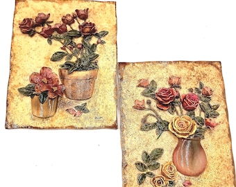 Two Cheri Blum Heavy Resin Rose 3D Sculpted Panels. 6"×4.5". French Country/ Elegant Country