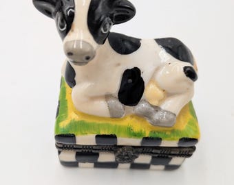 Adorable Ceramic Cow/ Calf Hand-Painted 2.5" Ceramic Trinket Box with Hinged Lid. Colorful Checked Board Pattern/ Farmhouse/ Country