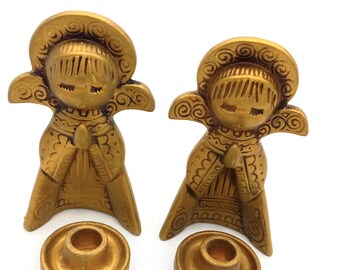 Mid Century Praying Angel Candle Holder Set/ Set of Two Christmas.  Antique Gold Color