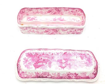 Vintage/Antique Rare Genevese Opaque M. China Butter Dish with Inside Divided or Condiments Server. Red/Pink Transferware. Early 1800's-Read