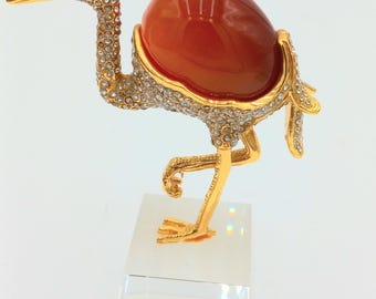 Vintage Unique Gold Metal Ostrich Figurine Rhinestone and Large Red-Orange Cats Stone on Glass Crystal Cube. 6" ht.