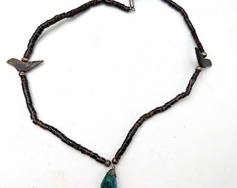 Vintage Native American Heishi, Turquoise Rock with Silver Beads with Birds 16" Necklace. Read