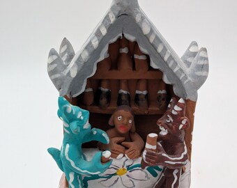 Vintage Ocumicho Art Surreal Playful Devils Engaged in Drinking Made From Red Clay. Mexico-Folk Art by Artist 1960's 7"x 4". read