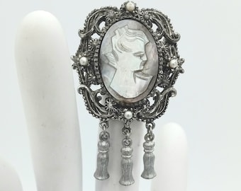 Vintage Male Portrait Design Shell Carved Mother of Pendant Brooch With Pearl Decor/Cameo brooch pin,