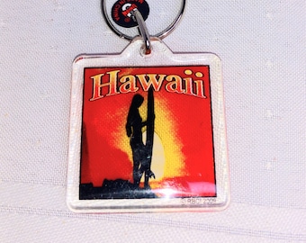 Hawaii Vintage keychain Never used/Island map /surfing/ocean Hawaiian/ Surf girl