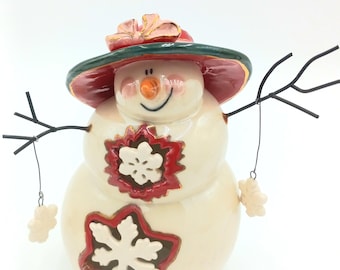 Rare Heather Goldmine Ceramic 6" ht. Snow Woman-Blue Sky's Figurine with dangling snowflakes, wire arms with fancy hat.