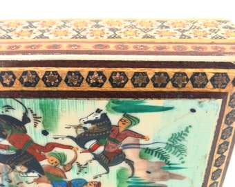 Vintage Lacquer Art Trinket Wood Box/ Jewelry Box/ Horses with Riders/inlayed
