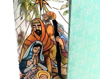 Nativity Scene Hand Painted Glass Pillar Candle Vase Holder by Joan Baker Design. Three Wiseman Scene/ Stain Glass Design