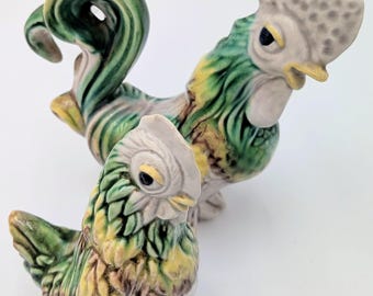 Vintage 5.5" Ceramic Rooster and Matching Hen. Ceramic Glazed Chickens. Greens, Grey & Yellow. Farmhouse, Cottage, Grandma Core. Read