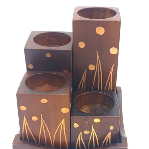 Wood Etched Candle Holders Nested in Wood Tray/Boda Candle Holder/Boho Design Carved Wood