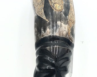 Vintage Hand Carved 12" Polished Stear Horn with Face, Leaf, Tiki Carving.
