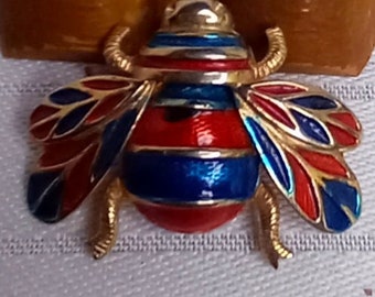 Vintage Large Bee multi colored enamel gold tone Figural Brooch/pin