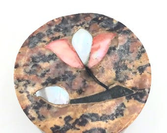 Round Marble Soap Stone Trinket Box with Inlayed Mother of Pearl Lid. Floral/Jewelry