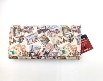 Vintage Mundi File Master Women's Wallet with Travel Vintage Postcards Print. Large Accordion -Style Interior. Paris/ London with Tags