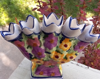 Vintage Jay Willfred Andrea by Sadek Hand Painted Floral 5 Finger Vase Portugal