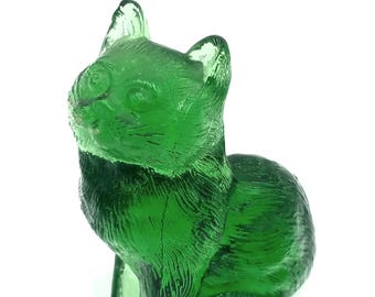 Vintage Mosser Glass Apple Green Sitting Cat. Marked M for Mosser. 1990's. 3"ht.