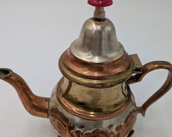 Brass, Copper and Metal Vintage Floral Design Indian Style 7" Teapot with Red Bakelite Ring.