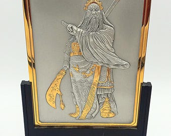 Royal General Selangor Solid Pewter 24K Gold Kwan King Plaque Decor & Stand 13.5"x 8".originally Malaysia. Oriental Collectable Art 1990's
