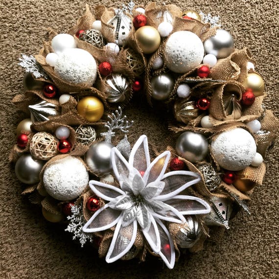 Burlap Christmas Ornament Wreath Gold Silver Red White Poinsettias Reindeer Ornies Silver Snowflakes Christmas Decor