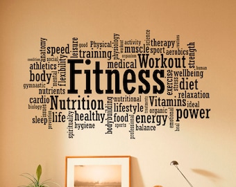 Calcomanías de vinilo para pared con diseño de fitness, deporte, gimnasio, palabras, diseño interior del hogar, murales artísticos, gráficos de pared, decoración (12f01w)