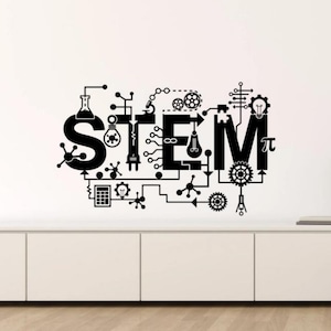 May include: Black and white STEM wall decal with a lightbulb, microscope, gears, and other science-related imagery.