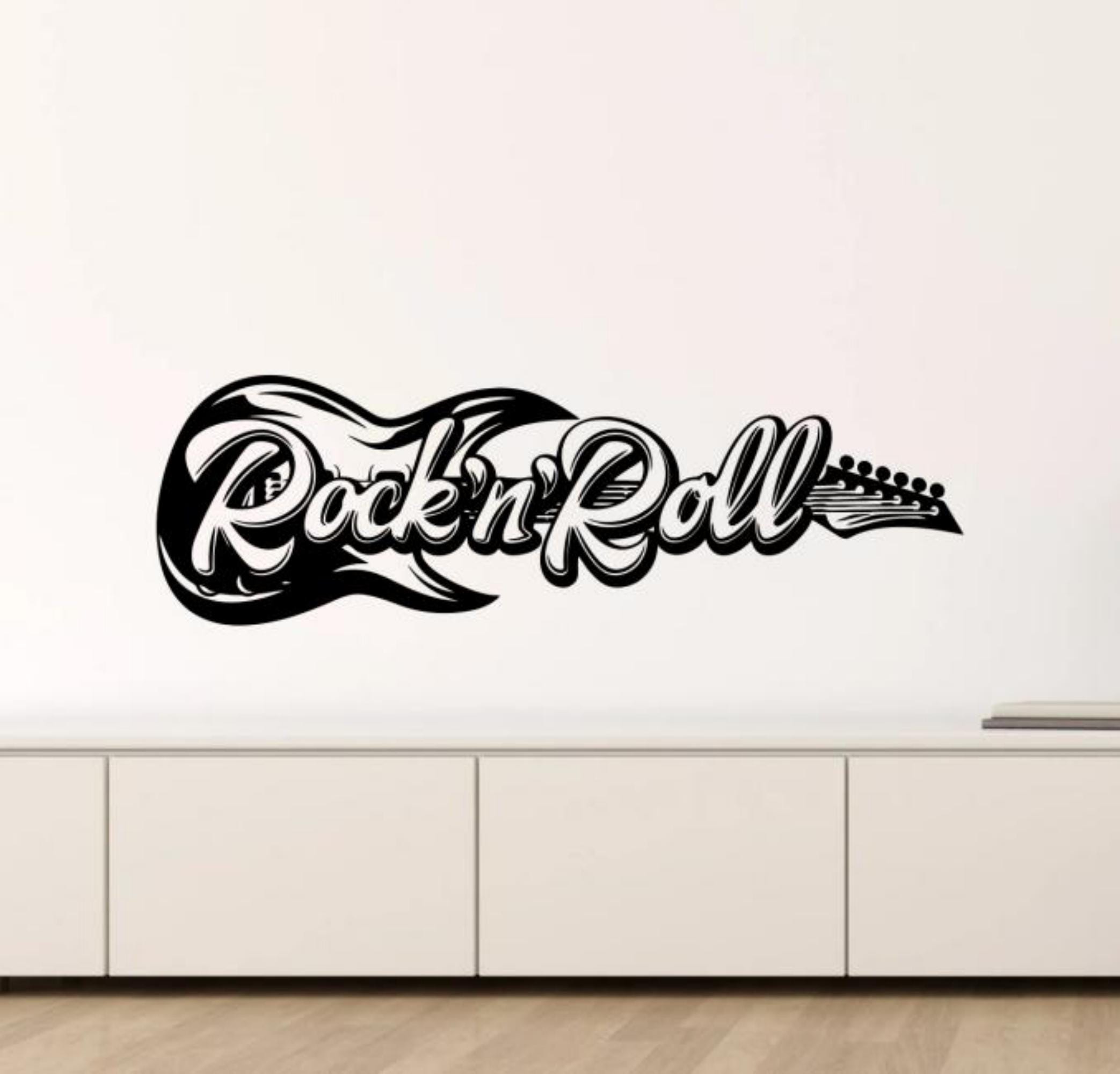 Calcomanía de vinilo para pared con diseño de rock and roll, diseño de guitarra rockera, regalo para habitación de niño, decoración musical, póster con estampado de cueva de hombre, plantilla 1298