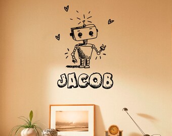 Personalized Name Wall Decal Cartoon Robot Vinyl Sticker Custom Name Interior Home Design Wall Murals Bedroom Decor Door Sticker (19cp01n)