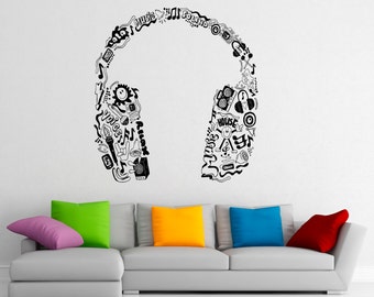 Music Headphones Wall Decal Vinyl Stickers Music Notes Home Interior Art Design Murals Bedroom Wall Decor (6m01c)