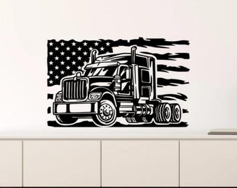 Adesivo da parete con bandiera per camion, in vinile, bandiera americana, arte murale, USA, camionista, camera dei bambini, decorazione da parete, poster, garage, stampa 1628