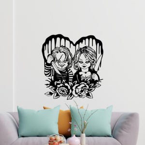 Naklejka ścienna Chucky Naklejka winylowa Chucky i Tiff Sztuka ścienna Horror Dekoracja ścienna Straszny film Prezent Halloween Plakat Wydruk Szablon Mural 1663