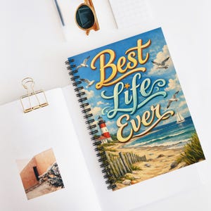 Best Life Ever Spiral Notebook, Best Life Ever Journal with Beach and Lighthouse, Beach Lighthouse Seaside Ruled Journal