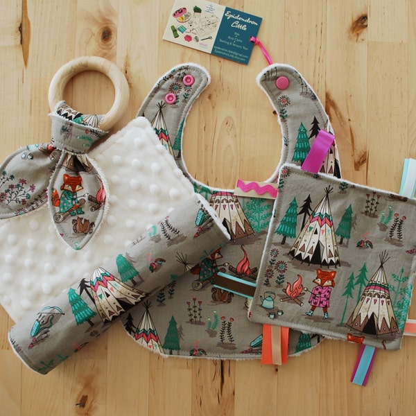 Baby Girl Gift Set - Teepee Fox Campfire - Bib, Burp Cloth, Maple Ring Crinkle Teether, & Crinkle / Sensory Toy with Ribbons