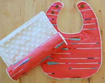 Baby Girl Gift Set - Melon Pink Arrows - Cotton & Minky Bib and Burp Cloth - Mustang Collection
