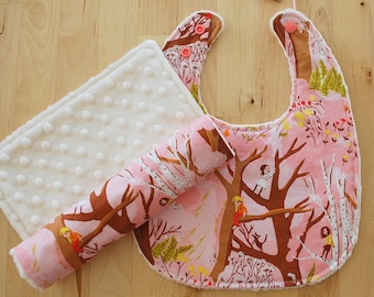 Baby Girl Gift Set - Woodland Trees - Cotton & Minky Bib and Burp Cloth - Tiger Lily Collection