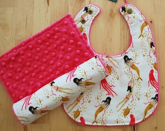 Baby Girl Gift Set - Mermaid / Octopus / Sea Turtle - Cotton & Minky Bib and Burp Cloth - Mendocino Collection