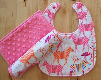Baby Girl Gift Set - Safari Zebras - Cotton & Minky Bib and Burp Cloth - Origami Oasis Collection