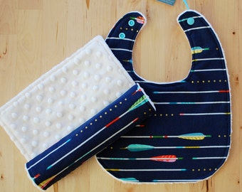 Baby Boy Gift Set - Navy Blue Arrows - Cotton & Minky Bib and Burp Cloth - Mustang Collection