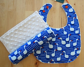 Baby Boy Gift Set - Water Geese - Organic Cotton & Minky Bib and Burp Cloth - Water Land Collection