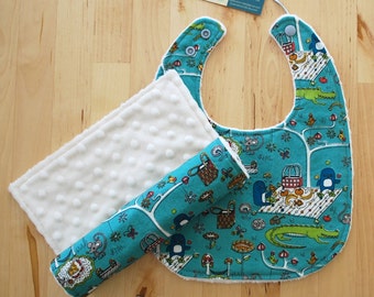 Baby Boy Gift Set - Penguin Picnic - Organic Cotton & Minky Bib and Burp Cloth - Picnic Whimsy Collection