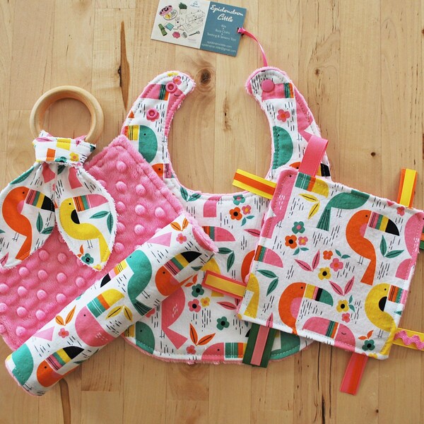 Baby Girl Gift Set - Tropical Toucans - Bib, Burp Cloth, Crinkle Teether w/ Maple Teething Ring, & Crinkle Toy